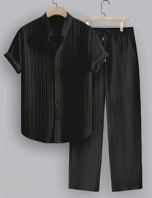 Men's Two-piece Striped Suit, Regular Fit, Casual And Comfortable, Striped Short-sleeved Shirt, Button- Lapel Suit, Suitable for Daily Wear And Beach Vacation