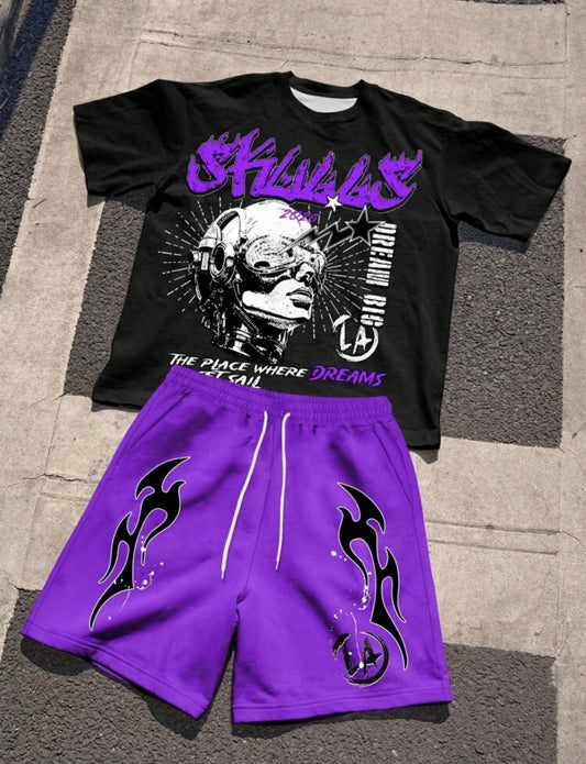 Manfinity EMRG 2pcs/Set Men Summer Casual Portrait & Letter Print Round Neck Short Sleeve T-Shirt And Shorts Set Men